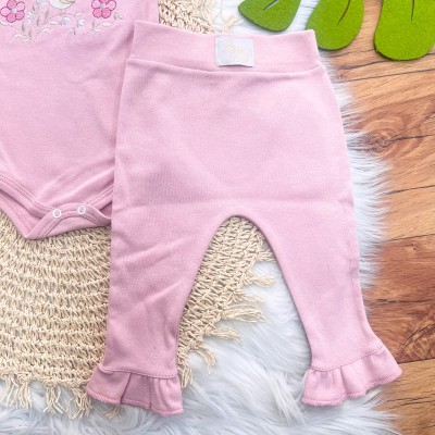 CONJ. DE MALHA 3 PEÇAS - Passarinho com Flores Bordadas - Rose